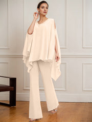 Separates Jumpsuit/Pantsuit V-Neck Floor-Length Chiffon Mother of the Bride Dress With Beading