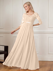 A-Line Floor-Length V-Neck Lace Chiffon Mother of the Bride Dress