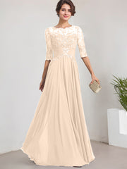A-line Scoop Illusion Floor-Length Lace Chiffon Mother of the Bride Dress With Pleated Sequins