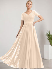 A-line V-Neck Floor-Length Lace Chiffon Mother of the Bride Dress