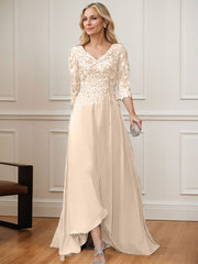 A-Line V-Neck 3/4 Sleeves Chiffon Mother Of The Bride Dresses With Lace