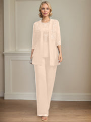 Jumpsuit/Pantsuit Separates Scoop Floor-Length Chiffon Lace Mother of the Bride Dress With Sequins