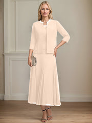 Separates A-line Scoop Tea-Length Chiffon Mother of the Bride Dress With Sequins Beading
