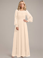 A-line Scoop Illusion Floor-Length Lace Chiffon Mother of the Bride Dress