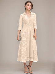 A-line V-Neck Tea-Length Chiffon Mother of the Bride Dress