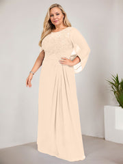A-line Scoop Illusion Floor-Length Lace Chiffon Mother of the Bride Dress With Sequins Pleated