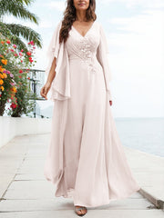A-Line V-Neck Floor-Length Chiffon Mother Of The Bride Dresses With Appliques Lace