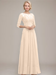 A-line Boat Neck Illusion Floor-Length Chiffon Lace Mother of the Bride Dress With Sequins Beading