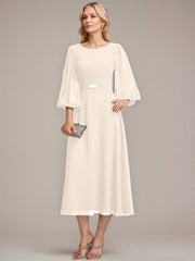 A-line Scoop Tea-Length Chiffon Mother of the Bride Dress With Crystal Brooch Pleated