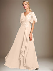 A-line V-Neck Floor-Length Lace Chiffon Mother of the Bride Dress With Cascading Ruffles Sequins