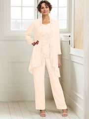Elegant Appliques 3 Pieces Chiffon Mother of The Bride Jumpsuit with Wrap