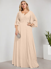 A-line V-Neck Floor-Length Chiffon Lace Mother of the Bride Dress With Sequins Beading