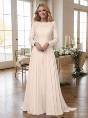 A-line Bateau Long Sleeves Appliques Lace Sweep Train Chiffon Mother of the Bride Dres