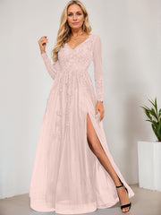 A-line V-Neck Floor-Length Tulle Prom Dresses With Sequins Appliques Lace Beading