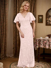 Sheath V-neck Short Sleeves Floor-Length Lace Mother of the Bride Dress