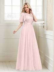 A-Line Short Sleeve Embroidery Mother Of The Bride Dress