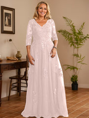 A-line V-Neck Floor-Length Tulle Lace Mother of the Bride Dress With Sequins