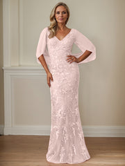 Sheath V-Neck Floor-Length Tulle Mother of the Bride Dress