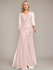 Trumpet/Mermaid Illusion V-Neck Floor-Length Tulle Sequin Lace Mother of the Bride Dress