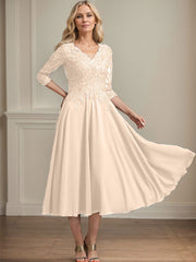 A-line V-Neck Tea-Length Chiffon Lace Mother of the Bride Dress With Beading Sequins