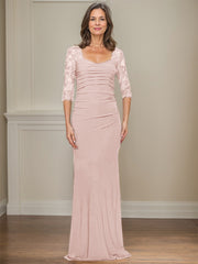Sheath/Column Square Neckline 3/4 Sleeves Floor-Length Jersey Mother Of The Bride Dresses With Lace