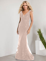 A-line V-Neck Floor-Length Lace Chiffon Mother of the Bride Dress With Applique Sequins Mermaid Dresses