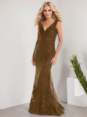 A-line V-Neck Floor-Length Lace Chiffon Mother of the Bride Dress With Applique Sequins Mermaid Dresses
