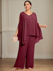 Separates Jumpsuit/Pantsuit V-Neck Floor-Length Chiffon Mother of the Bride Dress With Beading