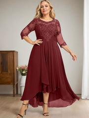 A-line Scoop Illusion Asymmetrical Lace Chiffon Mother of the Bride Dress With Cascading Ruffles