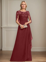 A-line Scoop Illusion Floor-Length Lace Chiffon Mother of the Bride Dress With Cascading Ruffles Sequins