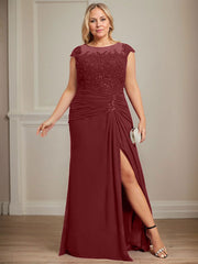 Sheath/Column Scoop Illusion Floor-Length Chiffon Lace Mother of the Bride Dress With Pleated Sequins Beading