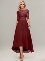 A-line Illusion Boat Neck Asymmetrical Chiffon Lace Mother of the Bride Dress With Sequins Beading