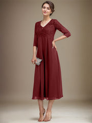 A-line V-Neck Tea-Length Chiffon Lace Mother of the Bride Dress With Beading