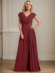 A-line V-Neck Floor-Length Chiffon Mother of the Bride Dress With Pleated Sequins Beading