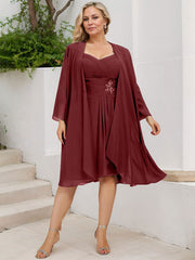 Sheath/Column Sweetheart Knee-Length Chiffon Mother of the Bride Dress With Beading Appliques Lace Sequins Pleated