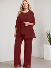 Separates Pantsuit Scoop Floor-Length Lace Chiffon Mother of the Bride Dress With Sequins