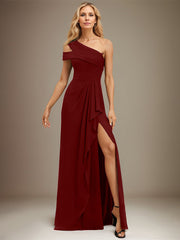 Sheath/Column Cold Shoulder One Shoulder Floor-Length Chiffon Evening Dress With Cascading Ruffles
