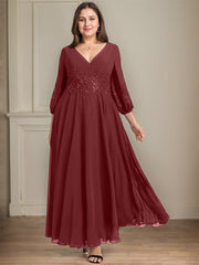 A-line V-Neck Ankle-Length Lace Chiffon Mother of the Bride Dress With Sequins