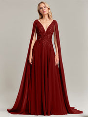 A-line V-Neck Sweep Train Lace Chiffon Evening Dress With Sequins