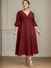 A-line V-Neck Tea-Length Chiffon Mother of the Bride Dress With Pleated