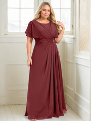 A-line Scoop Floor-Length Chiffon Mother of the Bride Dress With Pleated Beading