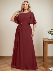 A-line Scoop Floor-Length Chiffon Mother of the Bride Dress With Cascading Ruffles Beading Sequins