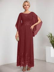 A-line Scoop Illusion Ankle-Length Lace Chiffon Mother of the Bride Dress With Sequins