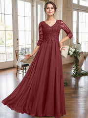 A-line V-Neck Floor-Length Lace Chiffon Mother of the Bride Dress With Sequins