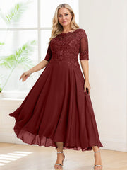 A-line Illusion Boat Neck Asymmetrical Chiffon Lace Mother of the Bride Dress With Sequins Beading