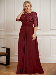 A-line Scoop Illusion Floor-Length Chiffon Lace Mother of the Bride Dress With Pleated Sequins Beading