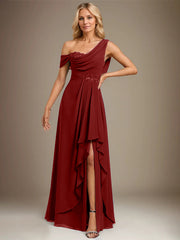 A-line Asymmetrical Floor-Length Chiffon Evening Dress With Cascading Ruffles Appliques Lace Sequins