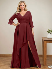 A-line V-Neck Floor-Length Chiffon Mother of the Bride Dress With Cascading Ruffles