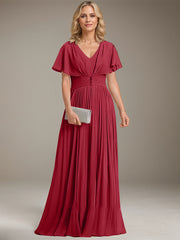 A-line V-Neck Floor-Length Chiffon Mother of the Bride Dress With Crystal Brooch Pleated