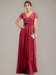 A-line V-Neck Floor-Length Chiffon Lace Mother of the Bride Dress With Beading Sequins Cascading Ruffles